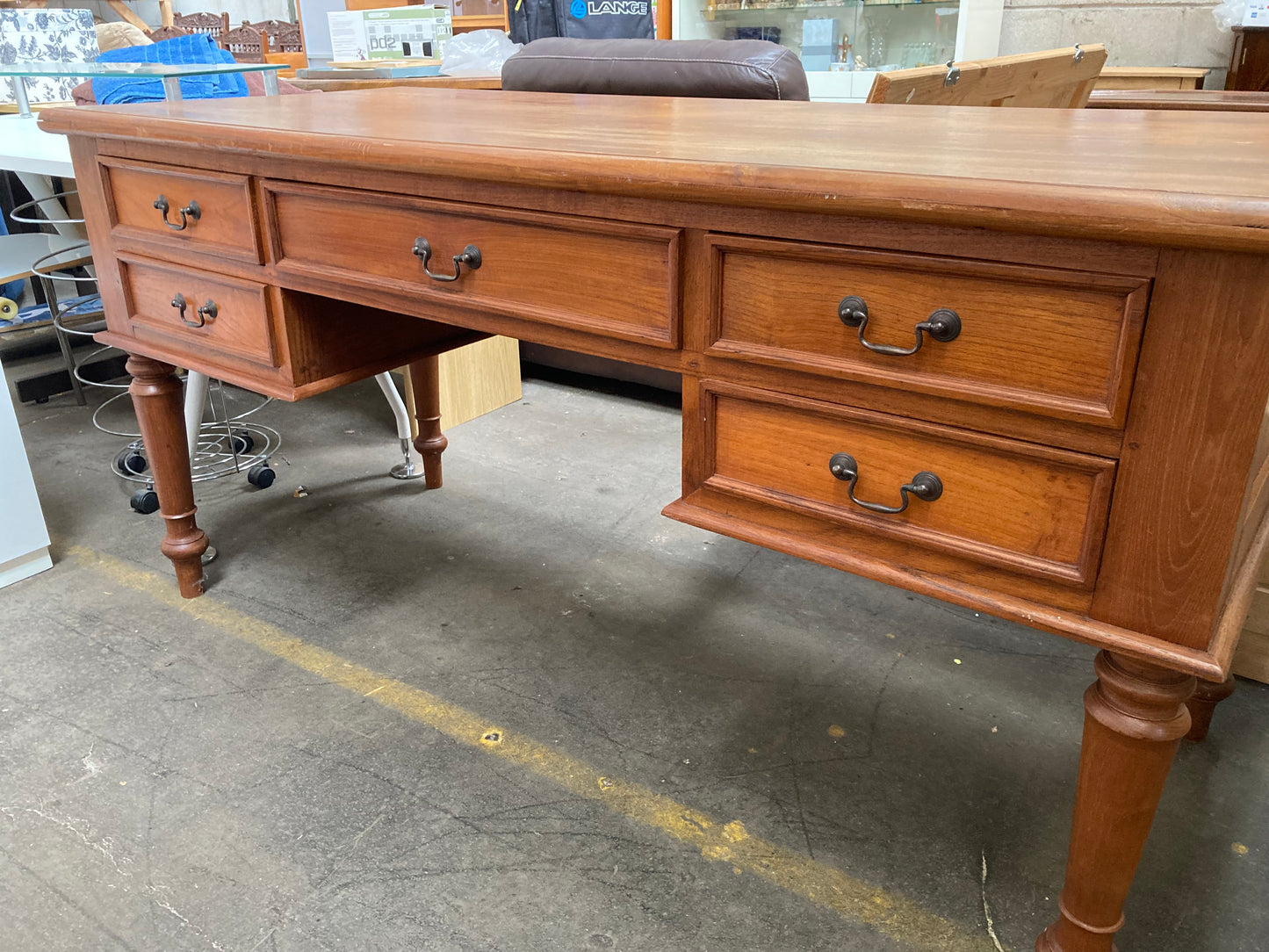 Large Solid Hardwood Executive Desk – Five Drawers, Turned Legs, Panelled Sides