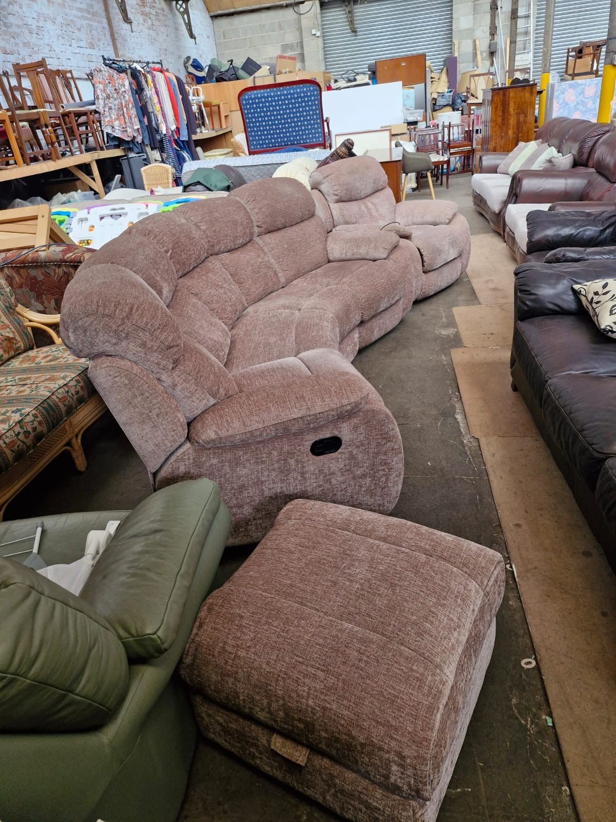 Large Curved Manual Recliner Sofa Suite | Electric Recliner Armchair & Storage Ottoman | Champagne Chenille