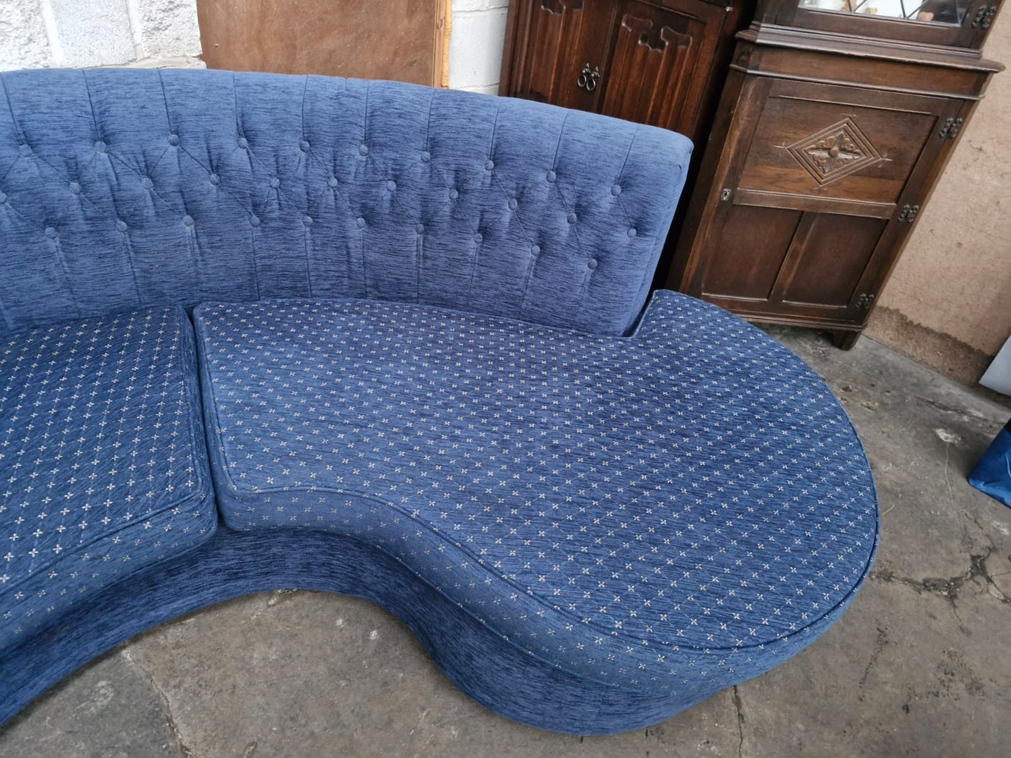 Vintage semi circle curved blue fabric sofa