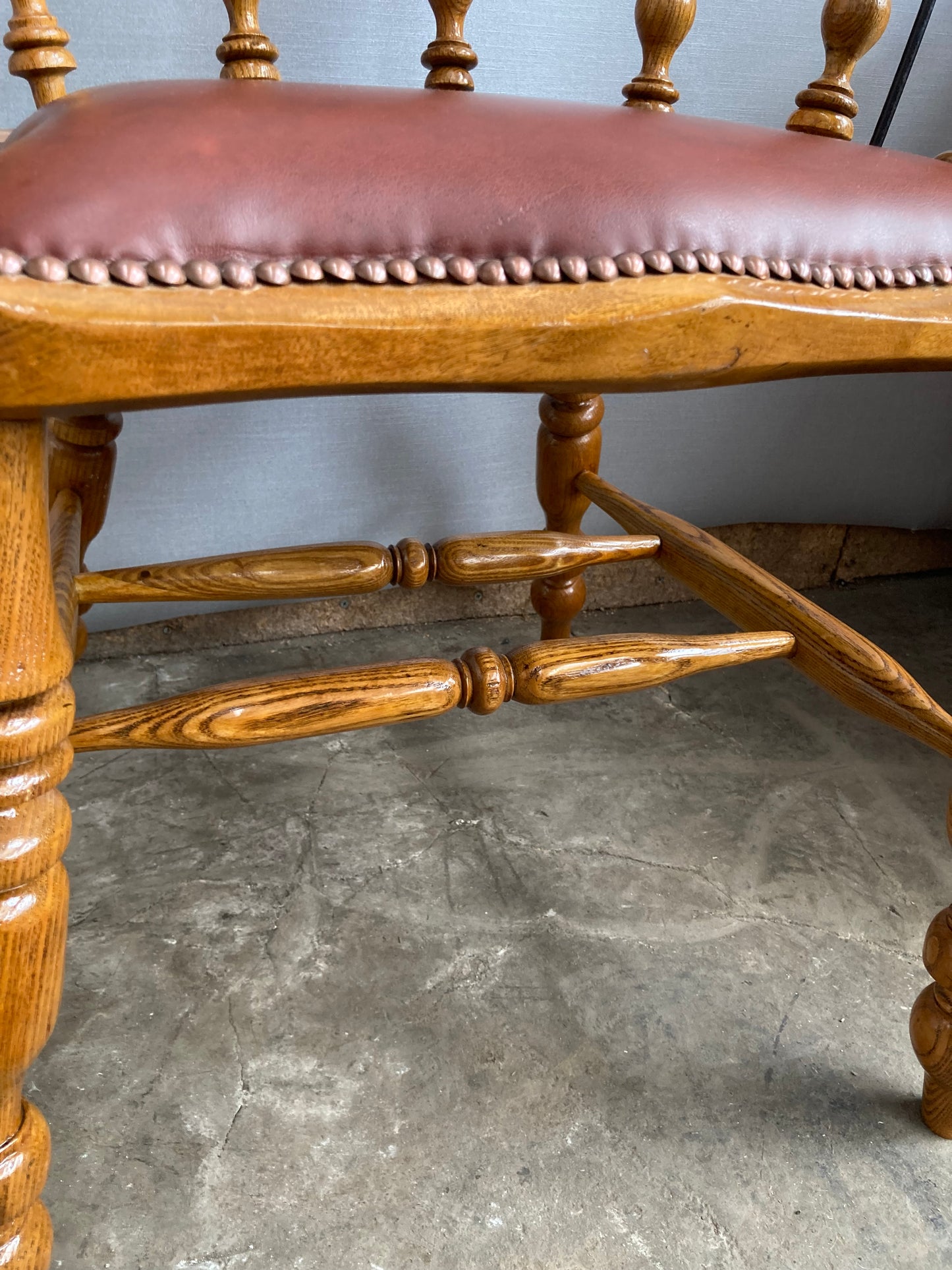 Victorian Oak Captain's Chair with Leather Seat and Brass Stud Detail