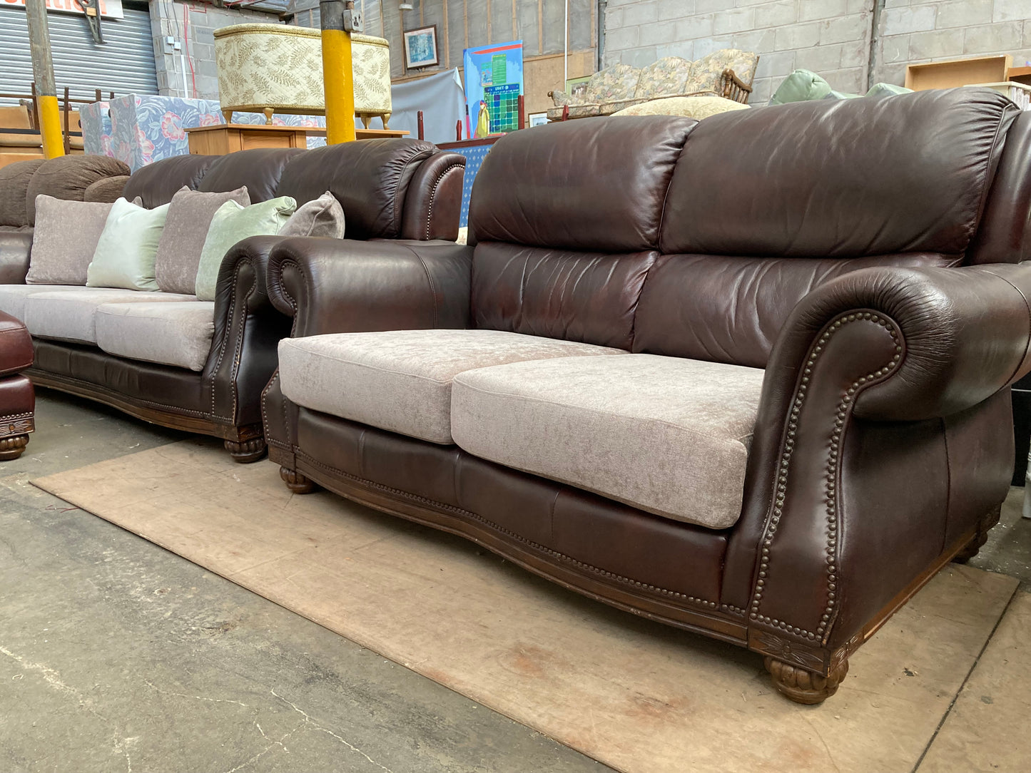 Brown Leather & Fabric Three-Piece Suite | Studded Arms | Carved Feet | 3+2+Footstool