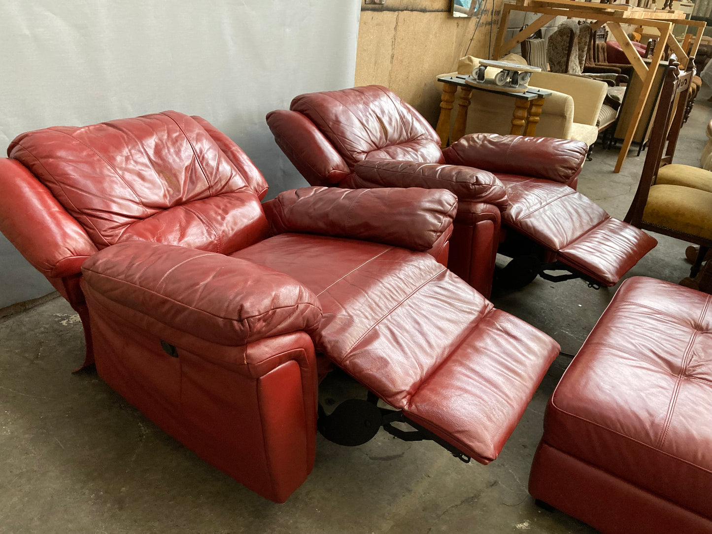 Pair of Red Leather Electric Recliner Armchairs with Matching Ottoman Footstool