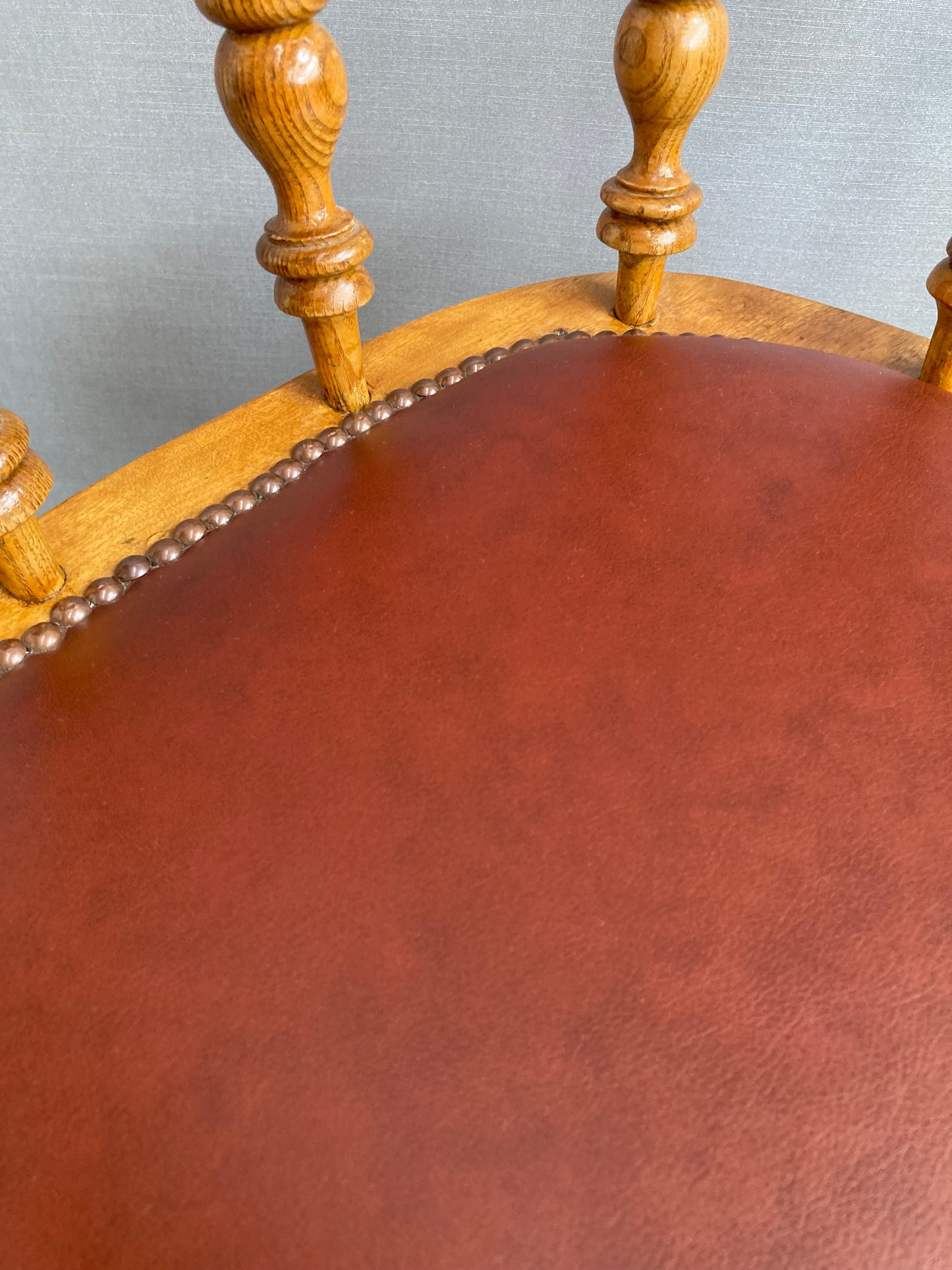 Victorian Oak Captain's Chair with Leather Seat and Brass Stud Detail