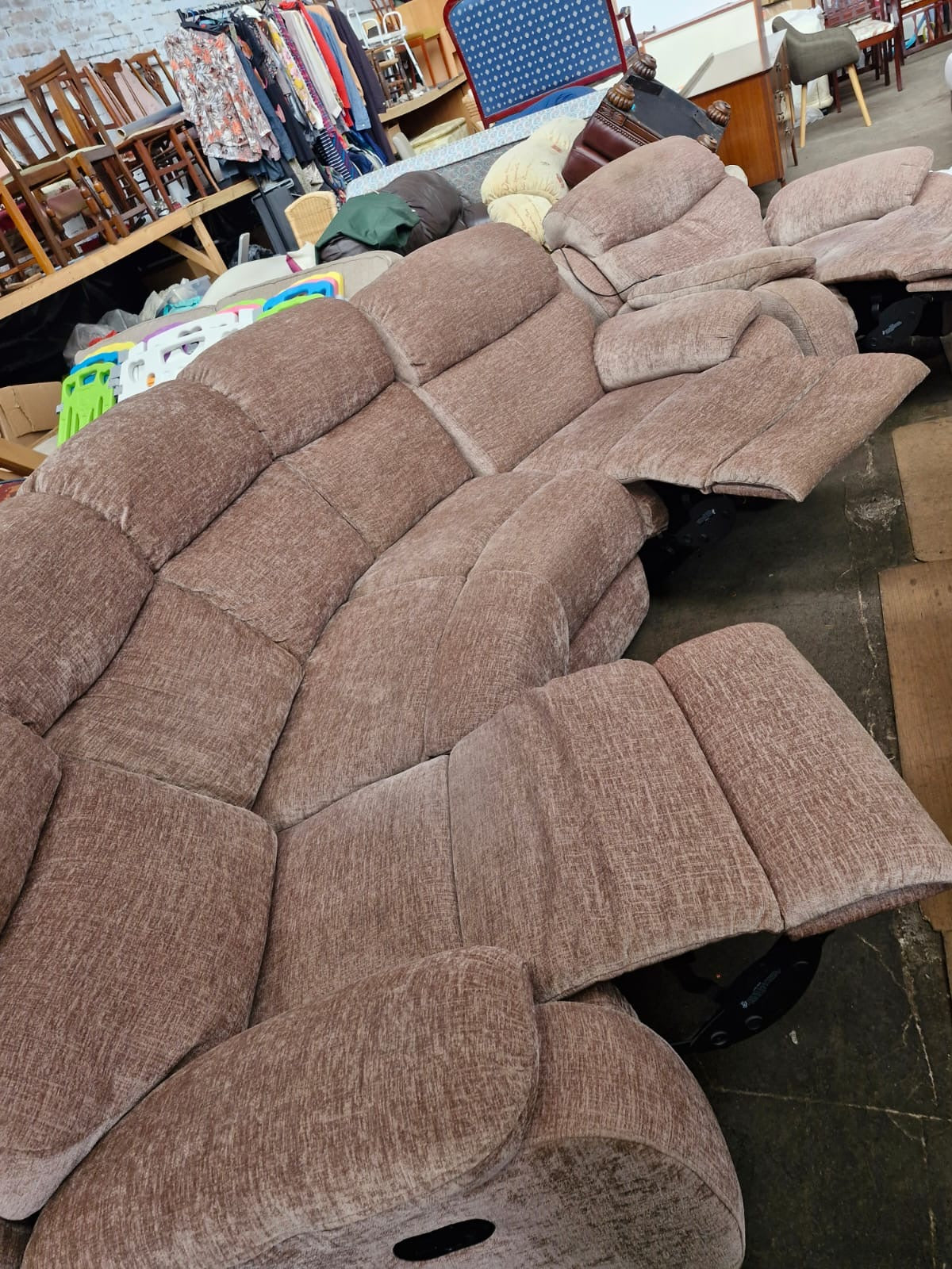 Large Curved Manual Recliner Sofa Suite | Electric Recliner Armchair & Storage Ottoman | Champagne Chenille