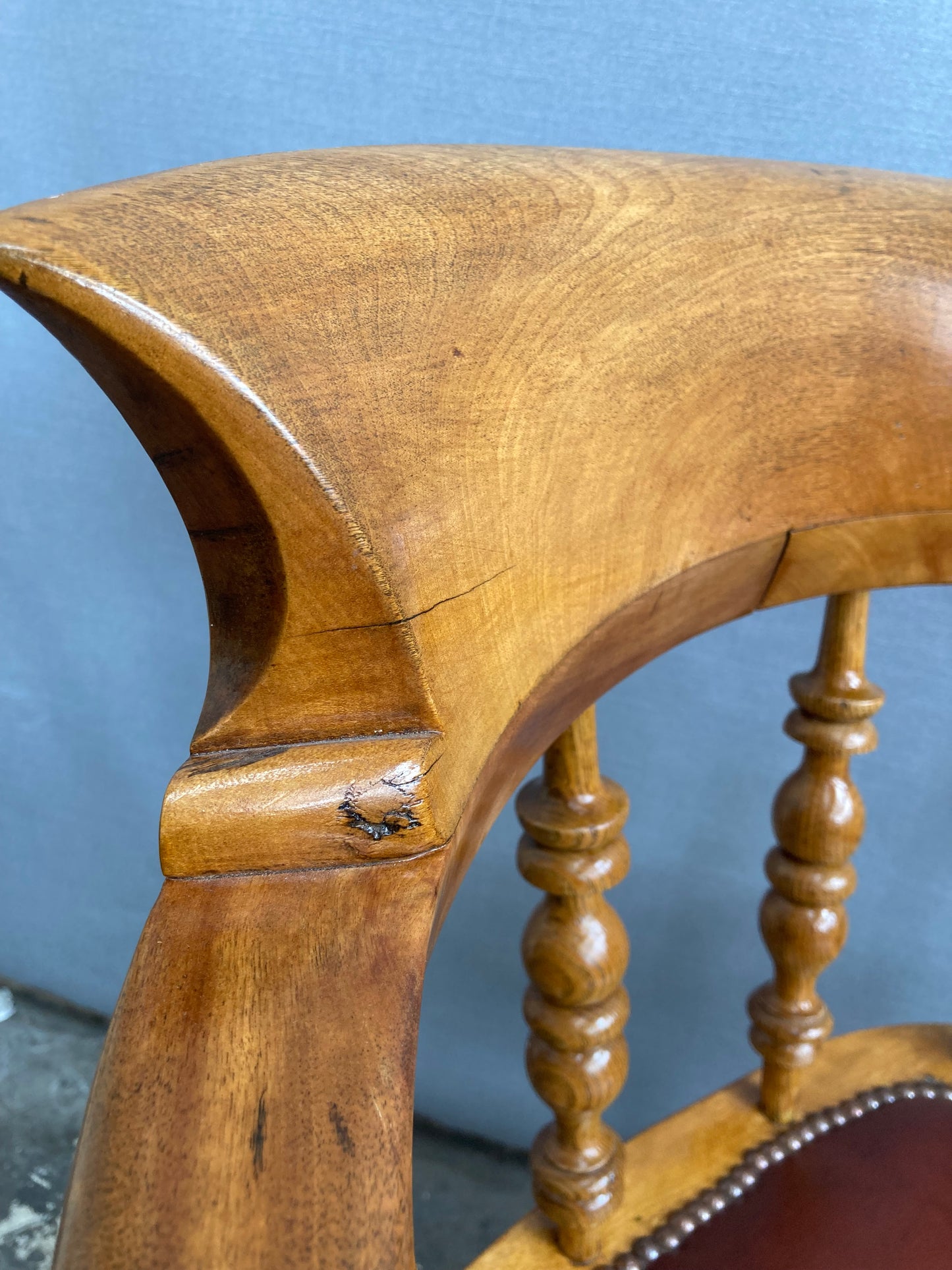 Victorian Oak Captain's Chair with Leather Seat and Brass Stud Detail