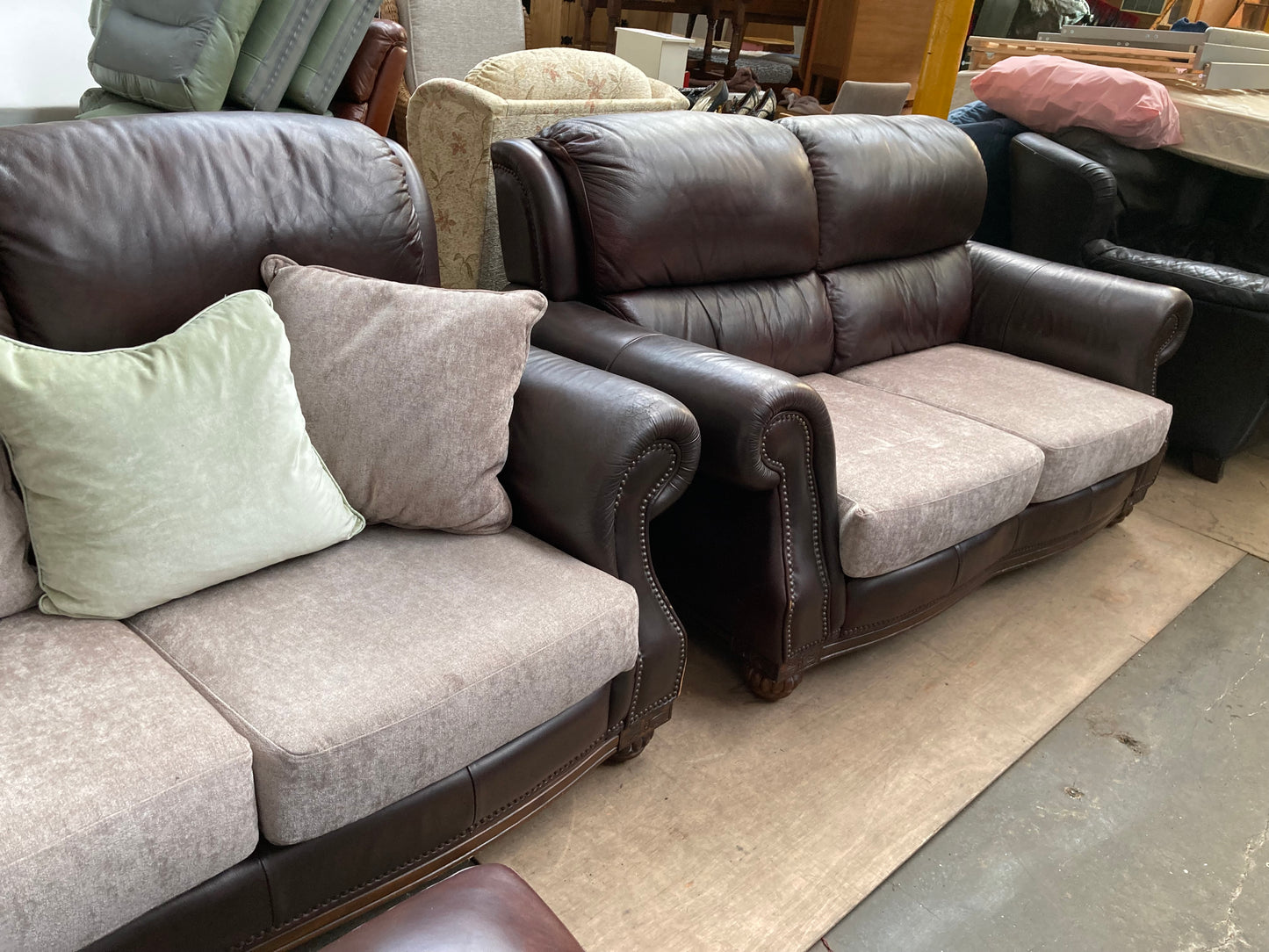 Brown Leather & Fabric Three-Piece Suite | Studded Arms | Carved Feet | 3+2+Footstool
