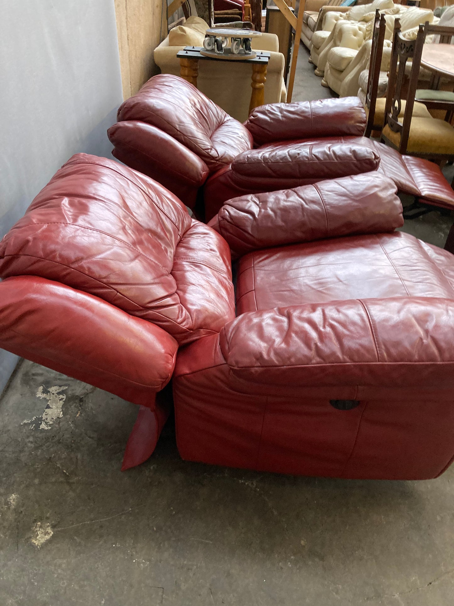 Pair of Red Leather Electric Recliner Armchairs with Matching Ottoman Footstool