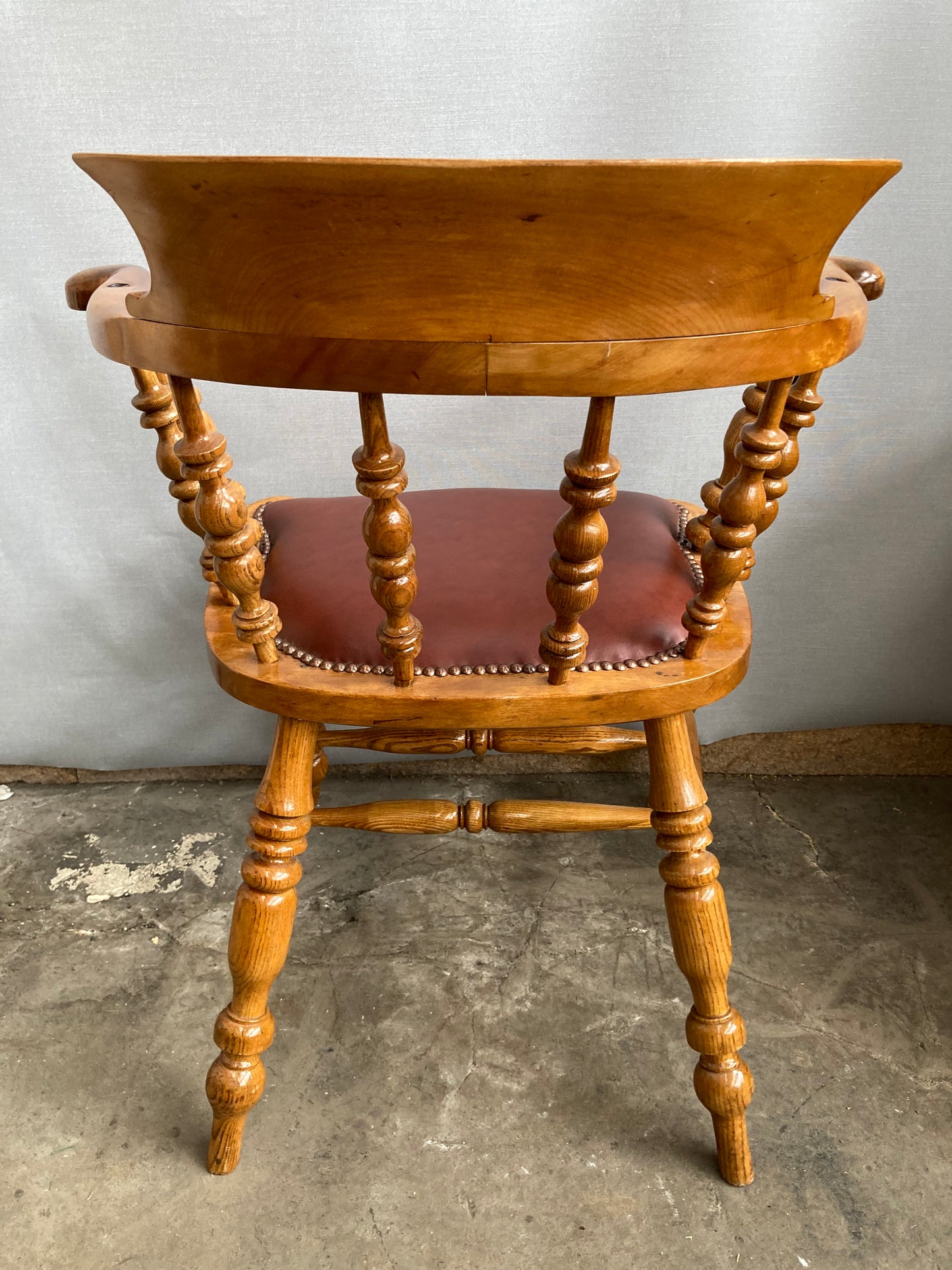 Victorian Oak Captain's Chair with Leather Seat and Brass Stud Detail