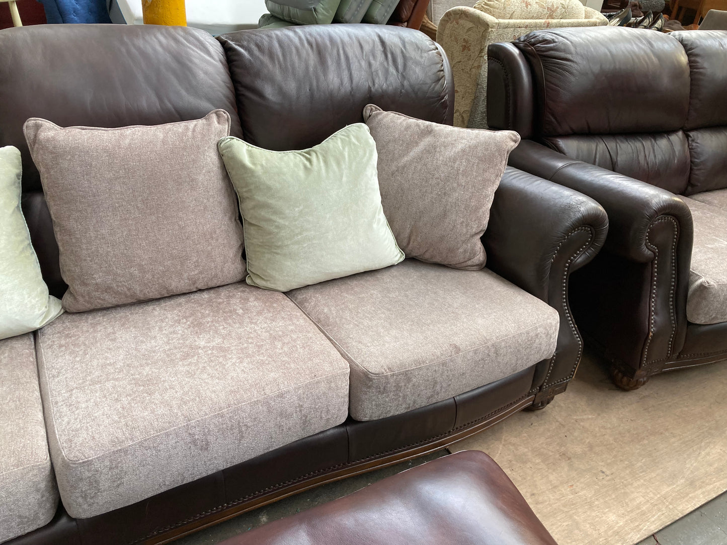 Brown Leather & Fabric Three-Piece Suite | Studded Arms | Carved Feet | 3+2+Footstool
