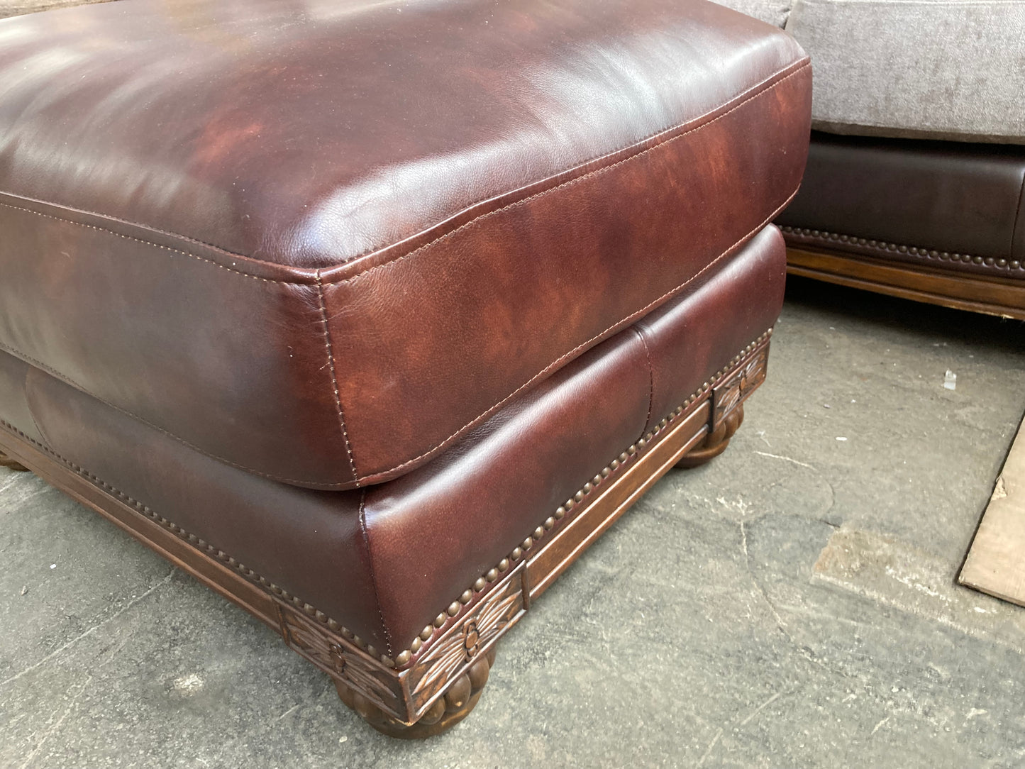Brown Leather & Fabric Three-Piece Suite | Studded Arms | Carved Feet | 3+2+Footstool