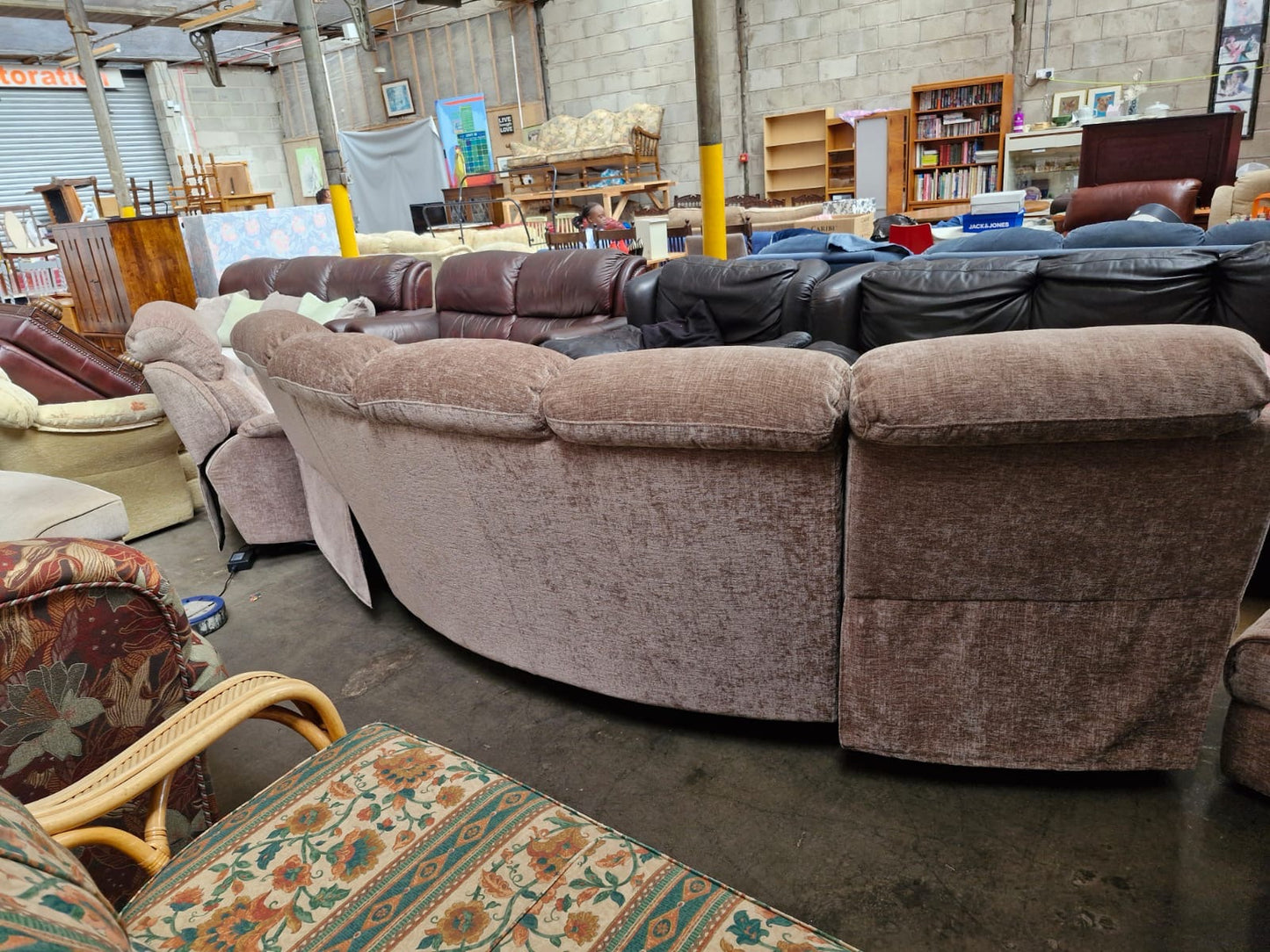 Large Curved Manual Recliner Sofa Suite | Electric Recliner Armchair & Storage Ottoman | Champagne Chenille