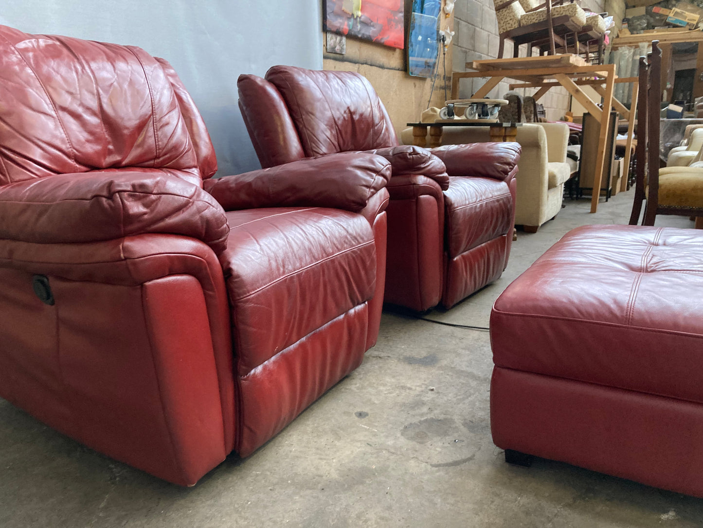 Pair of Red Leather Electric Recliner Armchairs with Matching Ottoman Footstool
