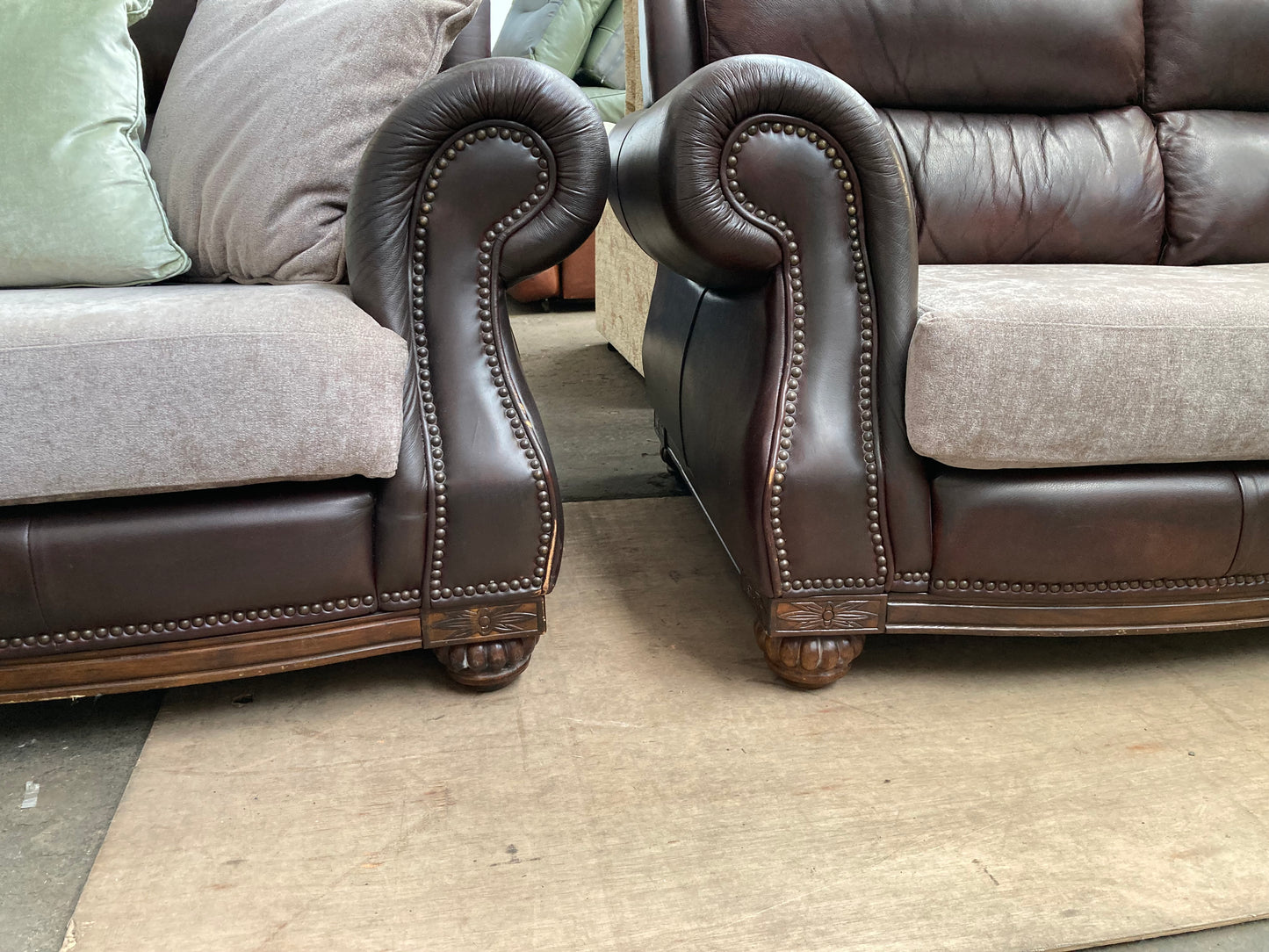 Brown Leather & Fabric Three-Piece Suite | Studded Arms | Carved Feet | 3+2+Footstool