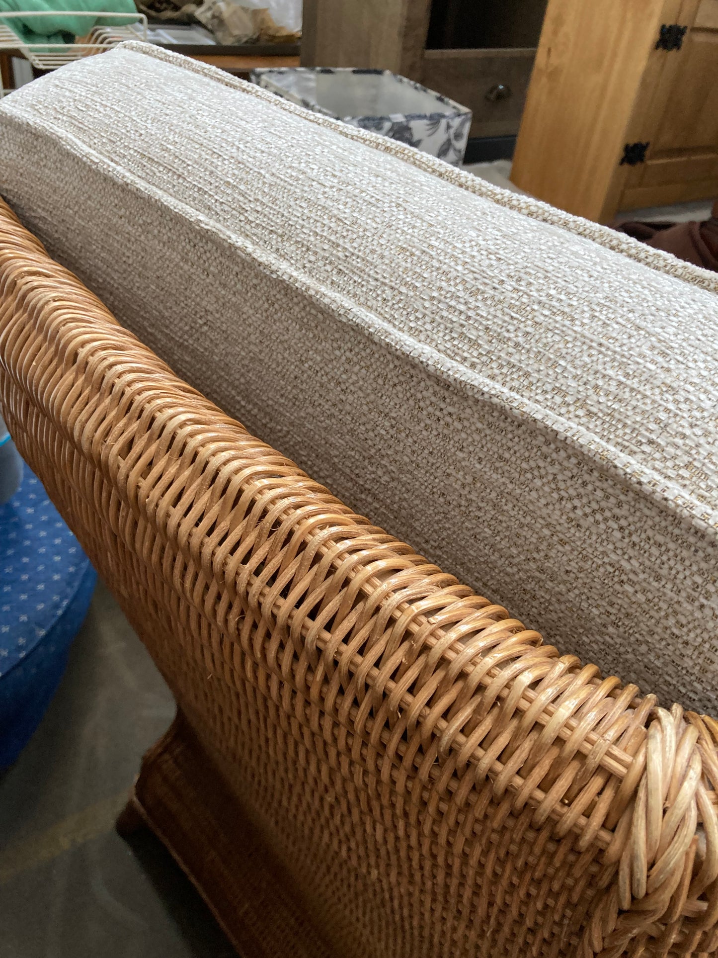 Large High-Back Wicker Armchair with Linen Cushions