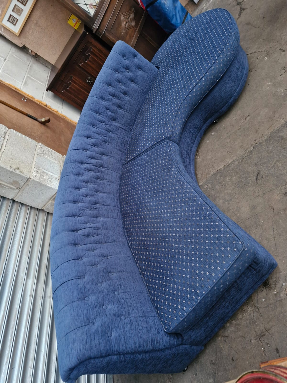 Vintage semi circle curved blue fabric sofa