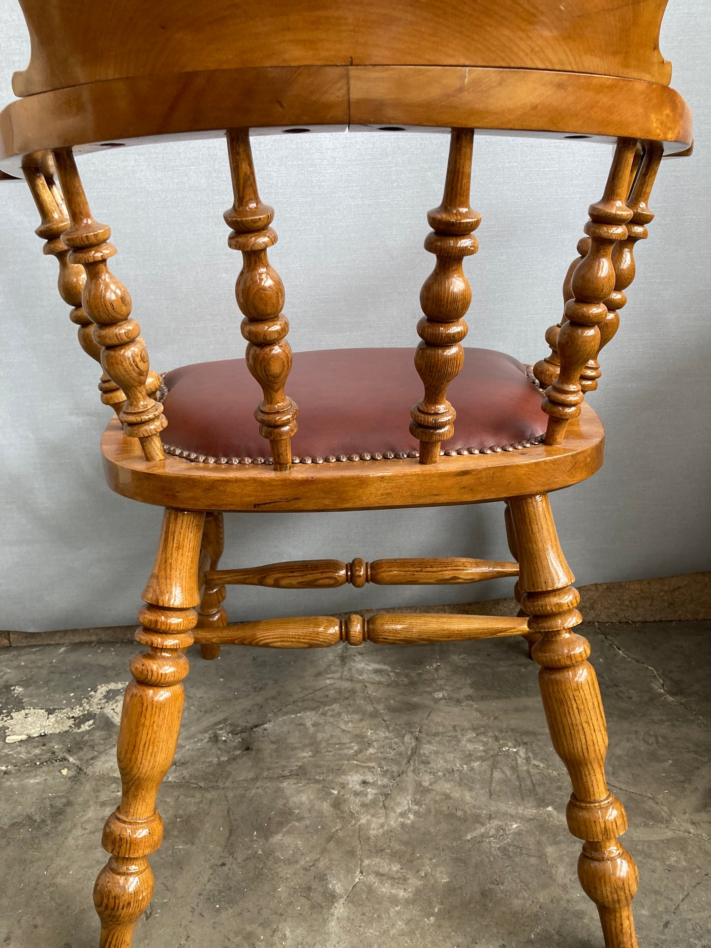 Victorian Oak Captain's Chair with Leather Seat and Brass Stud Detail
