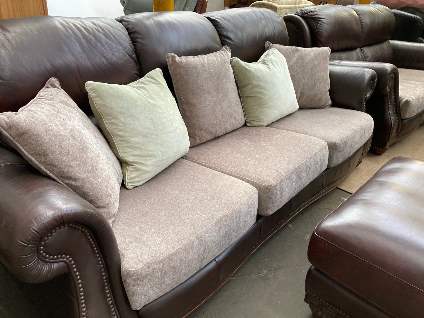 Brown Leather & Fabric Three-Piece Suite | Studded Arms | Carved Feet | 3+2+Footstool
