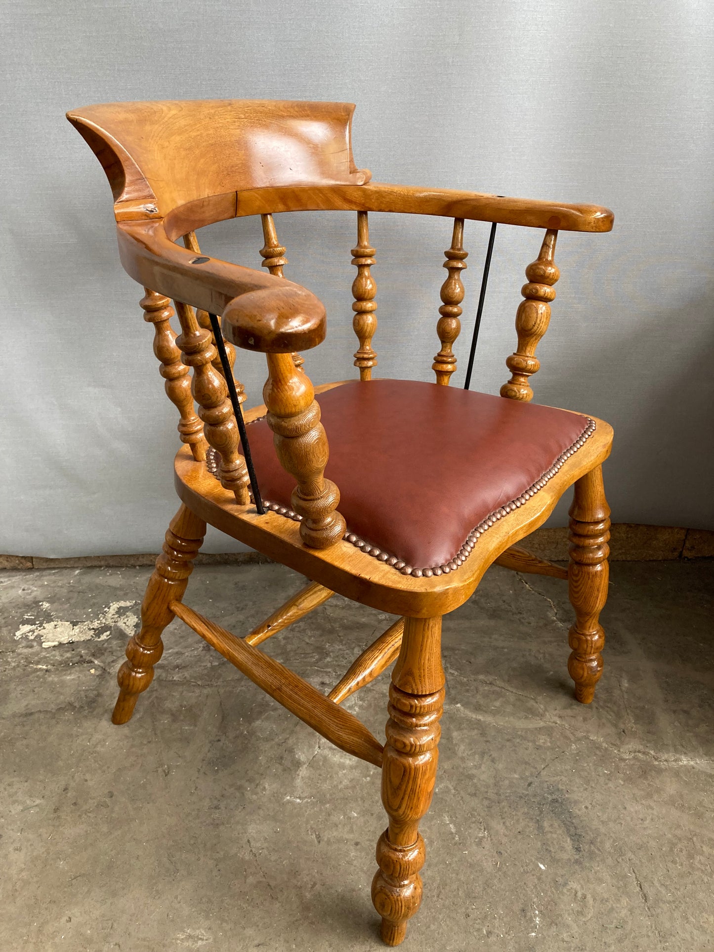 Victorian Oak Captain's Chair with Leather Seat and Brass Stud Detail