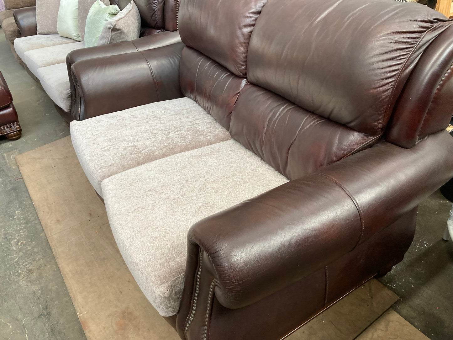 Brown Leather & Fabric Three-Piece Suite | Studded Arms | Carved Feet | 3+2+Footstool
