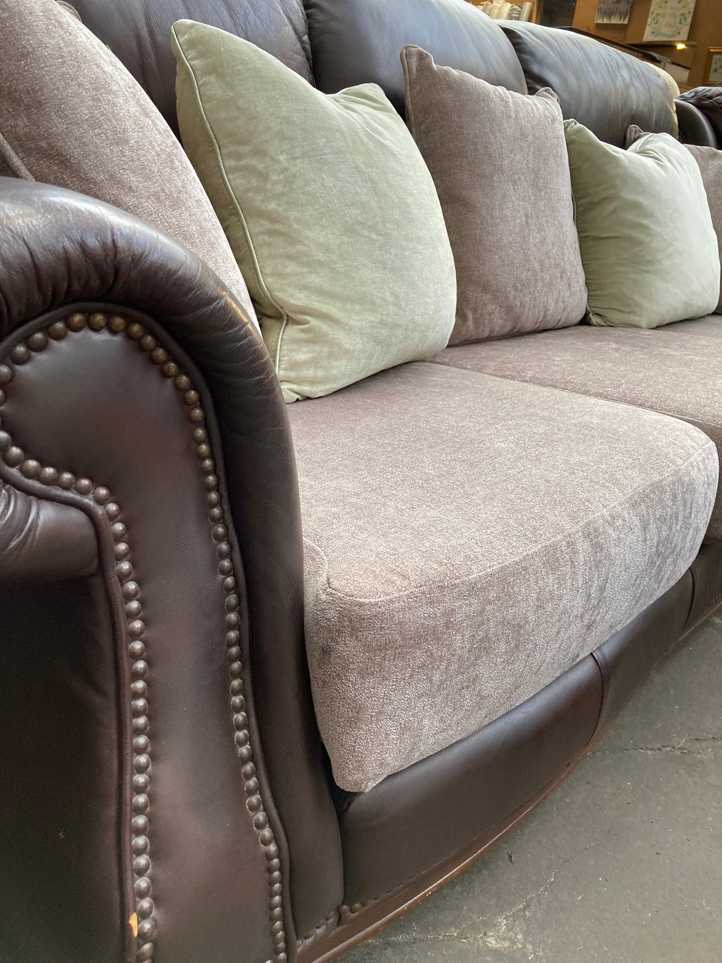 Brown Leather & Fabric Three-Piece Suite | Studded Arms | Carved Feet | 3+2+Footstool