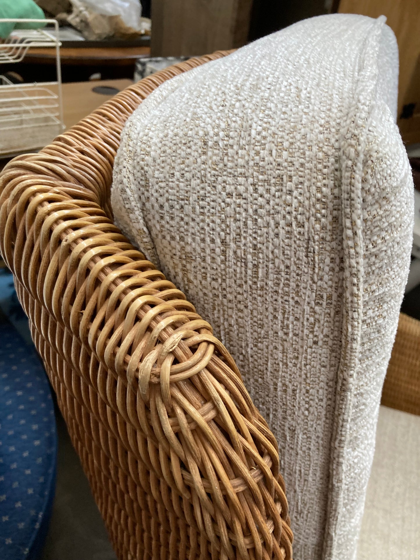 Large High-Back Wicker Armchair with Linen Cushions