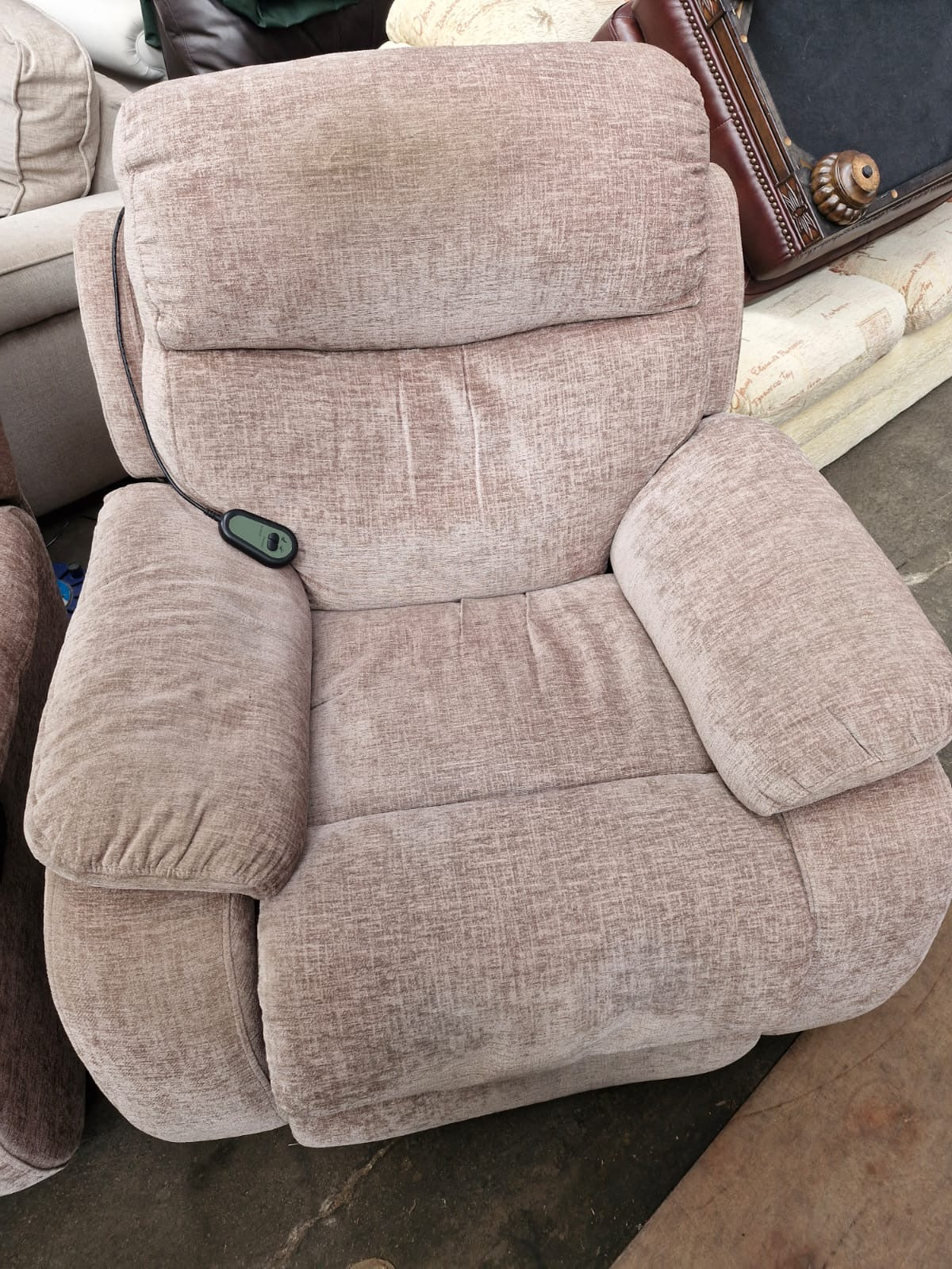 Large Curved Manual Recliner Sofa Suite | Electric Recliner Armchair & Storage Ottoman | Champagne Chenille