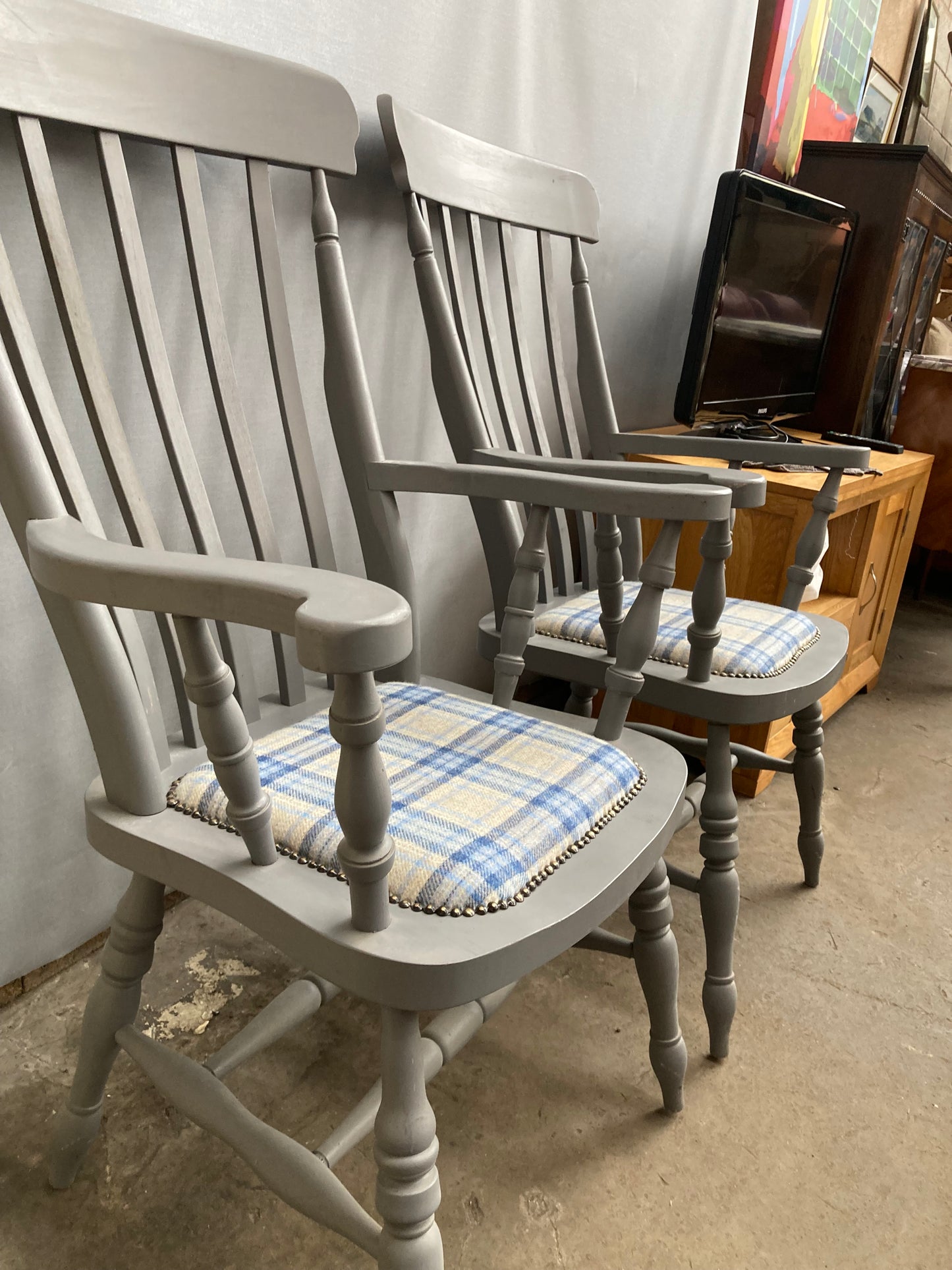 Pair of Large Vintage Country Farmhouse Carver Armchairs