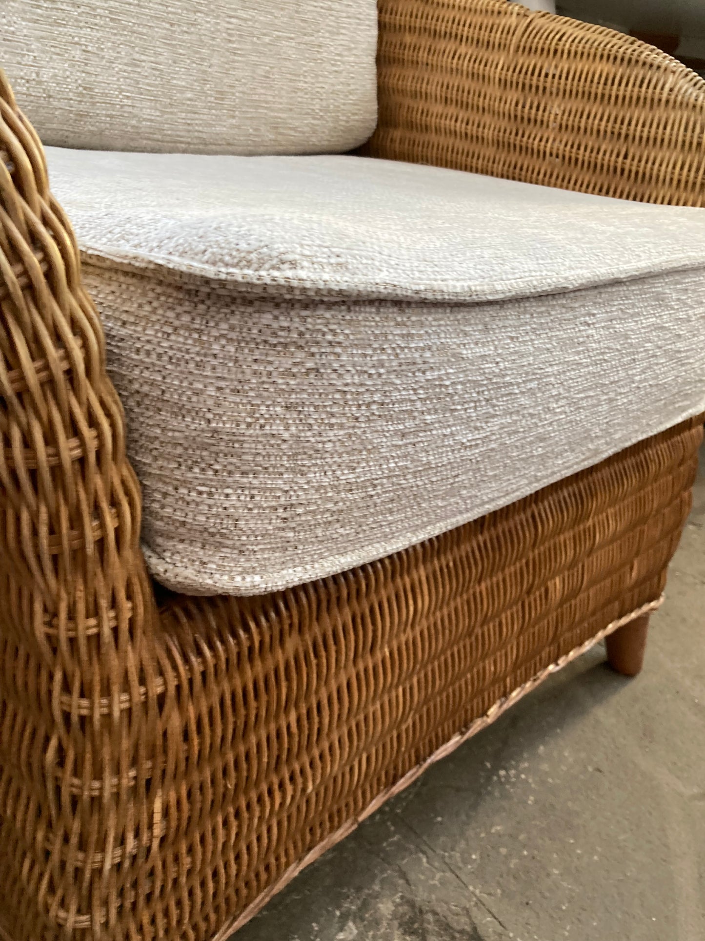 Large High-Back Wicker Armchair with Linen Cushions