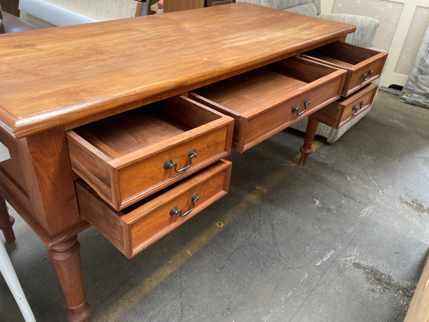 Large Solid Hardwood Executive Desk – Five Drawers, Turned Legs, Panelled Sides