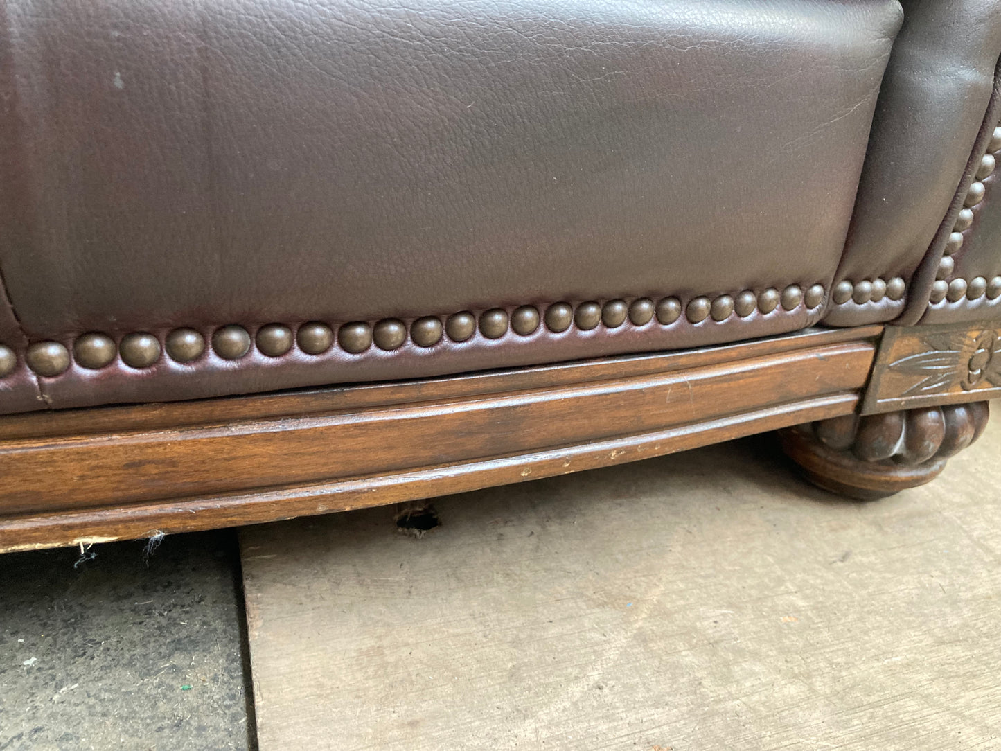 Brown Leather & Fabric Three-Piece Suite | Studded Arms | Carved Feet | 3+2+Footstool