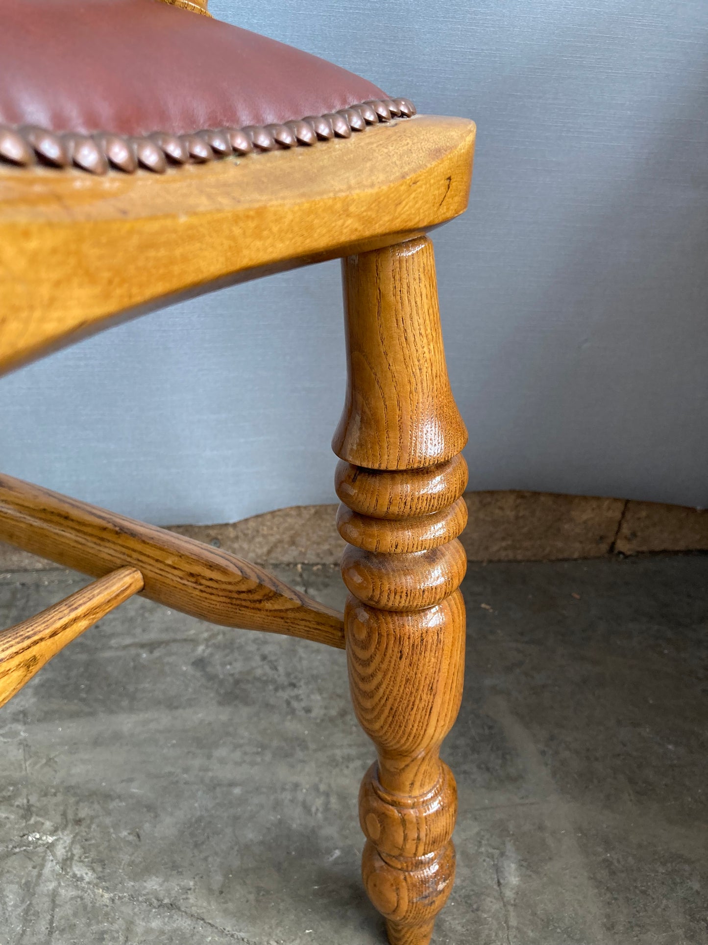 Victorian Oak Captain's Chair with Leather Seat and Brass Stud Detail
